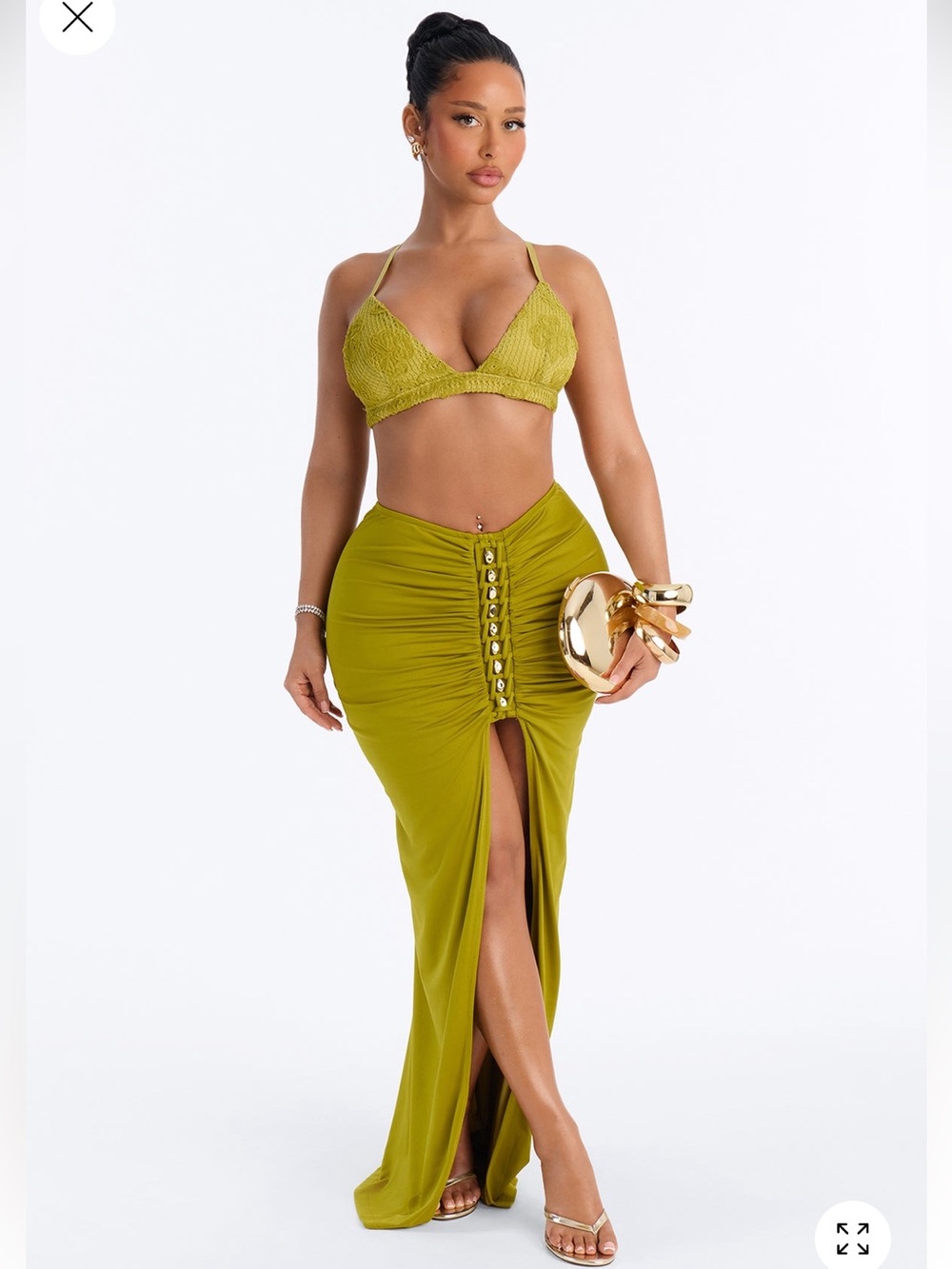Endless Vacation HighWaist Light Olive Green Ruched Gold Button-Front Maxi Skirt